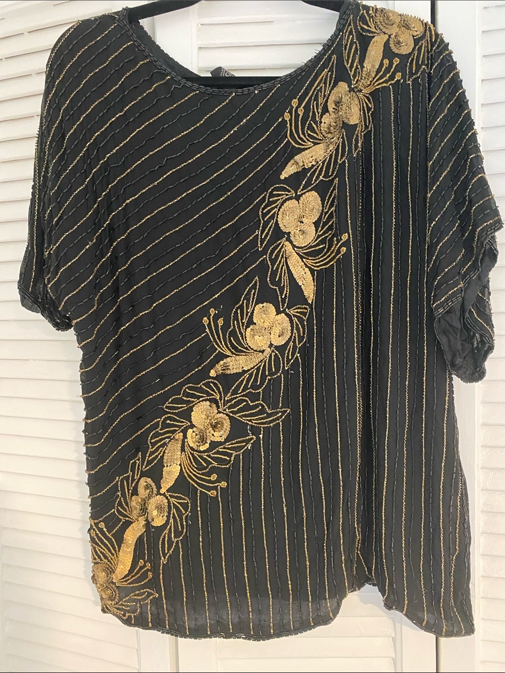 Vintage Silk Beaded Black and Gold Shirt Medium